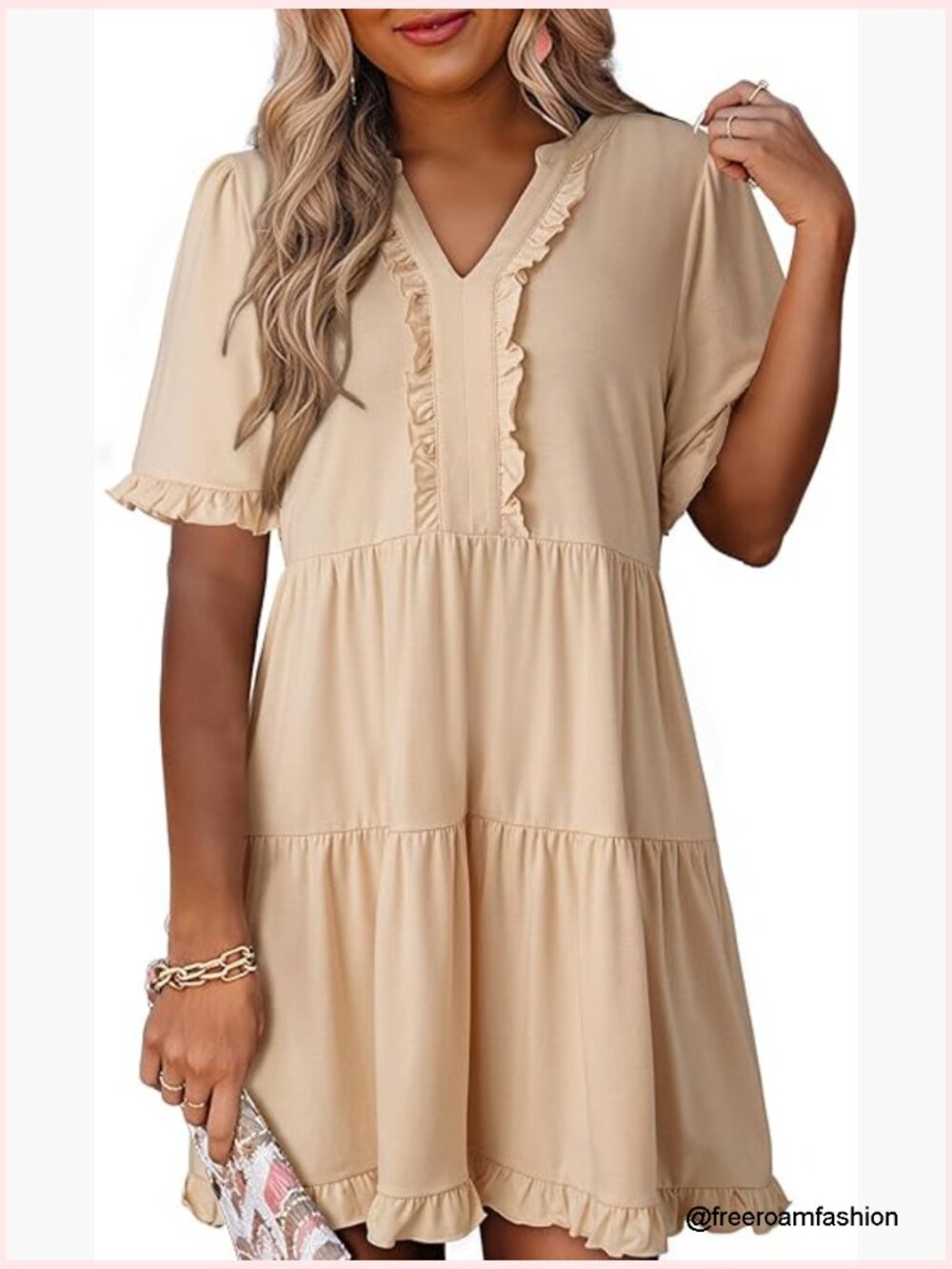 V-Neck Short Sleeve Tiered Ruffle Mini Skater Dress Casual Summer Swing